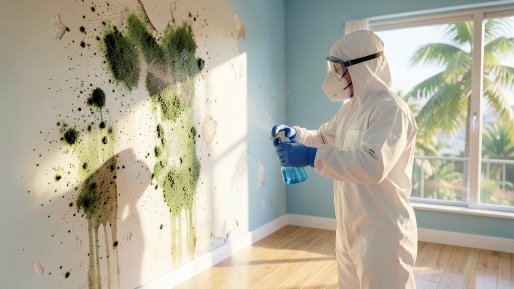 Mold after flood in Miami FL, showing water damage and mold growth on walls in Miami Florida